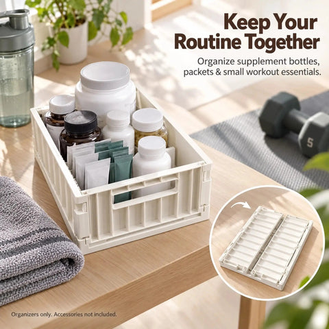 Top Shelf Foldable Storage Bins Four Pack Hella Space Savers For Tiny Apartments Dorm Rooms And Closets Easy Flat Fold Plastic Organizer Crates With Secure Lids Beige filled with supplements on a wooden table.