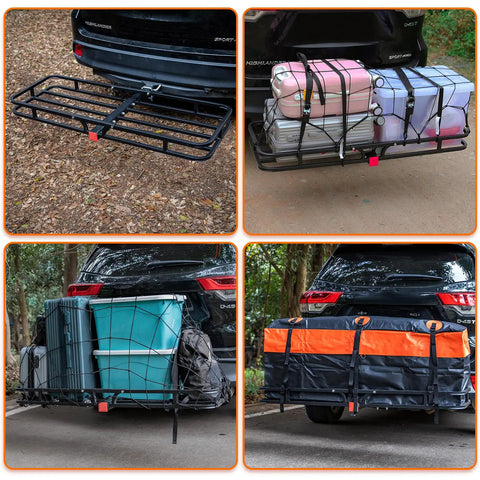 53 Inches by 19 Inches Hitch Cargo Carrier Basket With 500 Lb Capacity, attached to car carrying luggage and gear