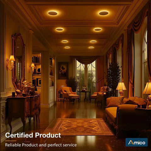 Elegant living room with 6 Pack 6 Inch LED Recessed Ceiling Light With Night Light 5CCT Dimmable Ultra Thin Canless Wafer Downlight ETL FCC