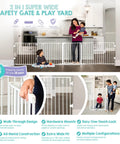 56 to 130 Inch Wide Baby Gate and Play Yard installed in kitchen, showing wall-mounted room divider with easy one hand open feature