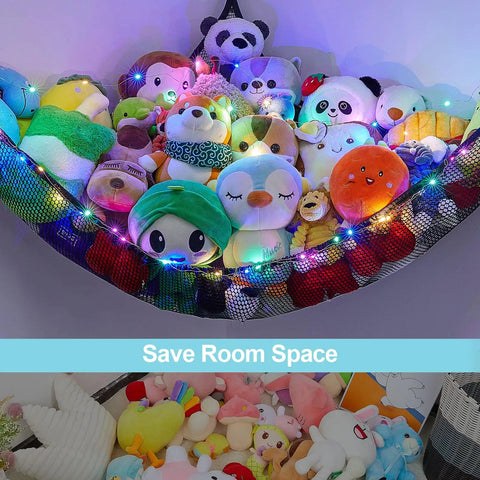 Cozy Plush Toy Hammock With LED Light Kid Friendly Net Storage Organizer With Stuffed Animals Hanging Wall Corner Toy Holder