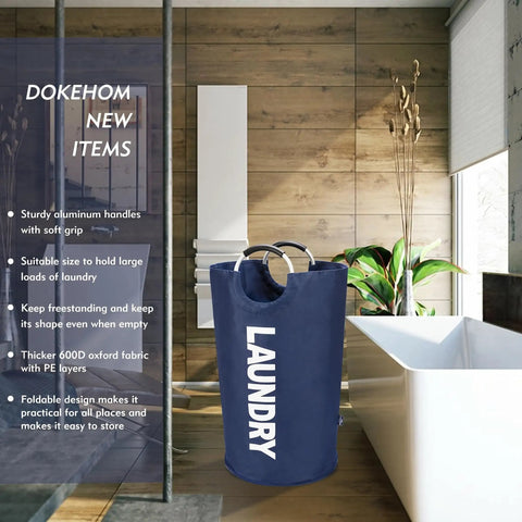 Big Ol 95L Large Collapsible Laundry Basket With Freestanding Tall Hamper Foldable Washing Bin Aluminum Handle Moistureproof Double Layer 600D Oxford Dark Blue Laundry Bin seen in modern bathroom