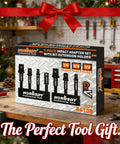 Seven Piece Clutch Impact Socket Adapters And Magnetic Bit Holder Set With Quarter Inch Hex Shank Adapts To Half Third Eighth Drives For Power Drill displayed on wooden table.