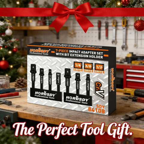 Seven Piece Clutch Impact Socket Adapters And Magnetic Bit Holder Set With Quarter Inch Hex Shank Adapts To Half Third Eighth Drives For Power Drill displayed on wooden table.