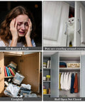 Four images showing cabinet issues: crying person, cat in open cabinet, messy cabinet with clothes, and half-open wardrobe.