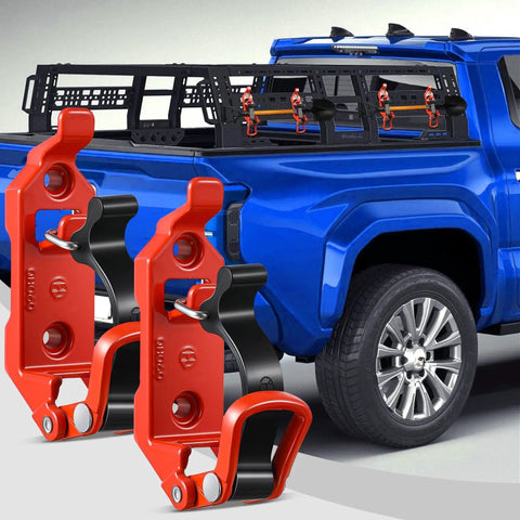 2 Pack Shovel Holder For Truck With Heavy Duty Roof Rack Mounts, red and black clamps on blue truck, tool organizer kit