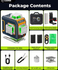Green Laser Level Pro Grade With 16 Lines And 4x360 Degree Planes Self Leveling Cross Line Projector package contents
