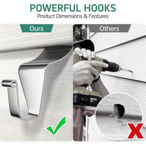 Comparison of heavy duty vinyl siding hooks 30 pack stainless steel clips no drill needed next to drilling damage example
