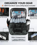 BaitSpace Tackle Bag With Four Tackle Boxes, Removable Bait Binder, front view with pockets, adjustable strap, durable material.