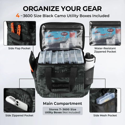 BaitSpace Tackle Bag With Four Tackle Boxes, Removable Bait Binder, front view with pockets, adjustable strap, durable material.