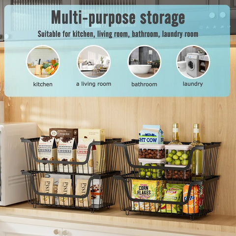 Straight Up Stackable Wire Basket Set For Kitchen Pantry Organization And Bathroom Storage Black Metal Shelf Organizer Crates Keep Your Kitchen Crisp Hassle Free Home Declutter Game Changer Total Life Hack