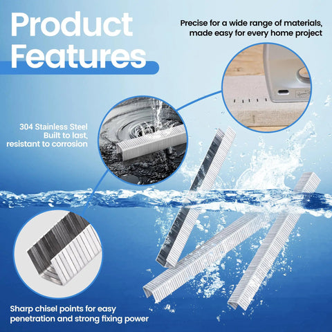 Product features of Heavy Duty T50 Stainless Steel Staples 1512 Count 20 Gauge 3/8 Crown 1/2 Inch Leg highlighted with sharp chisel points.