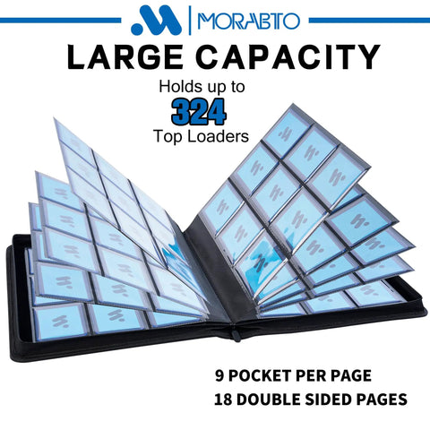 Top Loader Card Binder With 18 Double Sided Pages, Holds 324 3x4 Top Loaders, 9 Pockets Per Page, Rugged Black Hard Plastic Card Binder