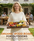 Woman carrying a food platter on an Organic Wood Board for Outdoors, perfect for outdoor dining.