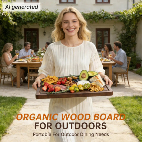Woman carrying a food platter on an Organic Wood Board for Outdoors, perfect for outdoor dining.