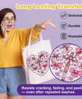 Woman holding tote bag with inkjet printable heat transfer vinyl illustration, highlighting stretchable, durable, washable features.