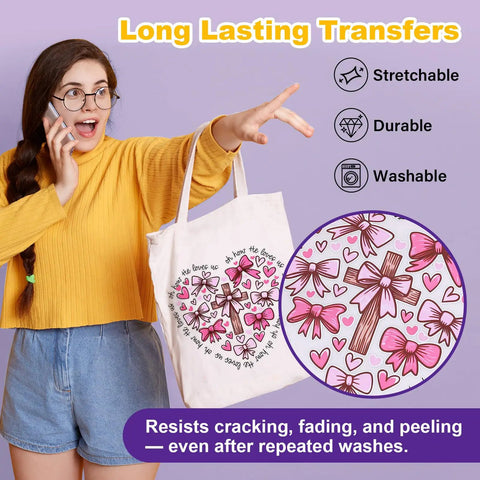 Woman holding tote bag with inkjet printable heat transfer vinyl illustration, highlighting stretchable, durable, washable features.