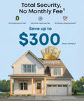 Image of a house with text highlighting savings and no monthly fee for Four Camera Wireless Outdoor Security Kit With 360 Pan And Tilt Auto Tracking 2K Solar Powered Security Cameras AI Detection For Humans Vehicles Pets Faces With Local Storage No Monthly Fee.