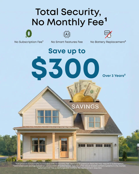 Image of a house with text highlighting savings and no monthly fee for Four Camera Wireless Outdoor Security Kit With 360 Pan And Tilt Auto Tracking 2K Solar Powered Security Cameras AI Detection For Humans Vehicles Pets Faces With Local Storage No Monthly Fee.