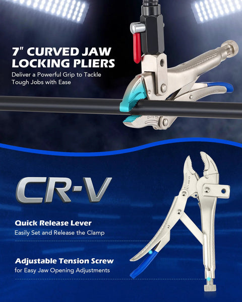 Side view of 7-inch curved-jaw locking pliers with quick-release lever and adjustable tension screw; blue handles, CR-V