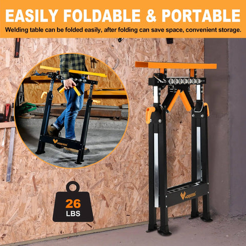 4 In 1 Work Center Roller Stand With 440 Lbs Capacity, Saw Horses, V Shaped And Multi Directional Rollers, Outfeed Roller, Adjustable Height From 33 To 50 Inches, Folding Design For Easy Woodworking Jobs, easily foldable and portable, 26 lbs shown against a workshop wall.