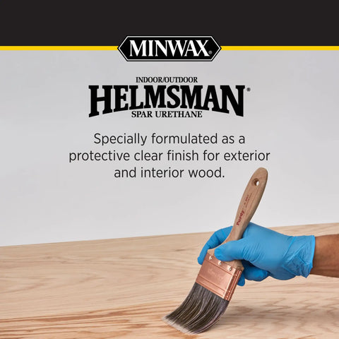 Person applying water based spar urethane satin wood finish crystal clear protective coat built for outdoor and indoor use.