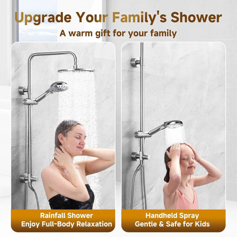 Rainfall Shower Head System With 9 Inch Rain Head And Handheld Height Adjustable Holder in use, modern bathroom setting.