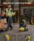 Warehouse worker using Cordless Misting Fan For DeWalt 20V Max Battery, Personal Cooling On The Go For Jobsites