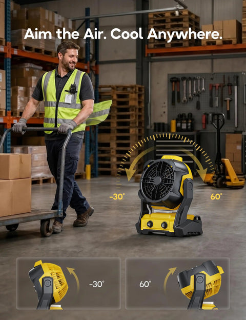 Warehouse worker using Cordless Misting Fan For DeWalt 20V Max Battery, Personal Cooling On The Go For Jobsites