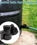 Plastic barrel with attached Four Pack Rain Barrel Spigot Kit With Three Quarter Inch Garden Hose Shut Off Valves; close-up of spigot.