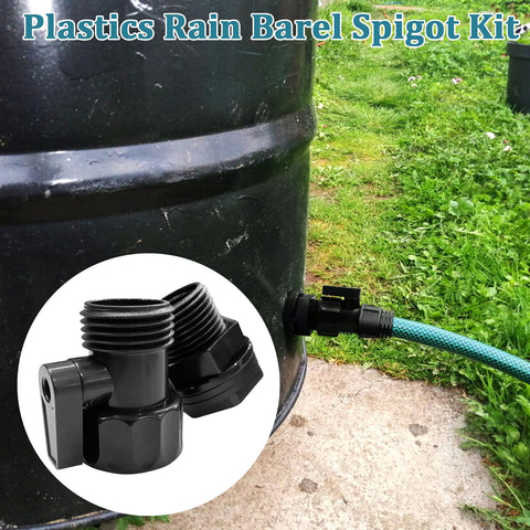Plastic barrel with attached Four Pack Rain Barrel Spigot Kit With Three Quarter Inch Garden Hose Shut Off Valves; close-up of spigot.