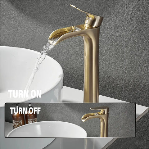 Chrome Vessel Sink Faucet Tall Single Hole Single Handle Waterfall Bathroom Faucet With Pop Up Drain Easy Install For Bowl Sinks