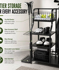Heavy Duty Golf Bag Storage Rack For Two Bags With Shelves And Accessory Holders, Free Standing Golf Club Organizer For Home Or Garage, Black.