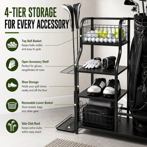 Heavy Duty Golf Bag Storage Rack For Two Bags With Shelves And Accessory Holders, Free Standing Golf Club Organizer For Home Or Garage, Black.