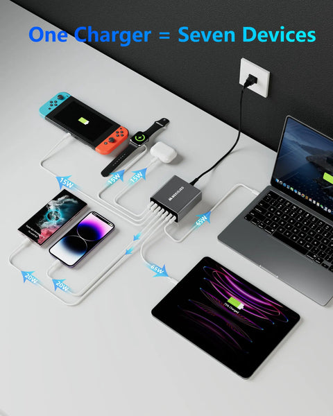 GaN 260W USB C Charger Station With 7 Ports 5 USB C And 2 USB A Fast Charging Dock setup charging multiple devices on desk