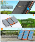 Massive 46800mAh Solar Power Bank With Built In Cables USB C Micro Lightning USB A Cable 3 Foldable Solar Panels PD20W Fast Charging LED Display External Battery Pack With SOS Camping Light For Outdoor Adventures showing folded solar panels and setup instructions.