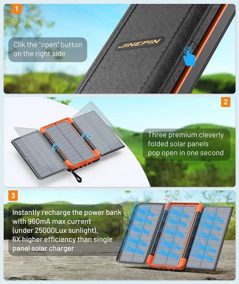 Massive 46800mAh Solar Power Bank With Built In Cables USB C Micro Lightning USB A Cable 3 Foldable Solar Panels PD20W Fast Charging LED Display External Battery Pack With SOS Camping Light For Outdoor Adventures showing folded solar panels and setup instructions.