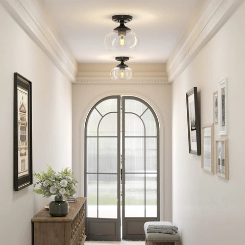 Hallway with Industrial Semi Flush Mount Ceiling Light With Clear Glass Shade And Matte Black Finish