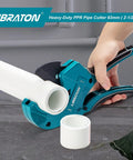 Hand using Heavy Duty PVC Pipe Cutter Two And One Half Inch Opening With Improved SK5 Blade on white plastic pipe.