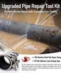 Close-up of upgraded pipe repair clamp with M1 self-adhesive leak-sealing tape on metal pipe, showing rust-proof emergency fix.