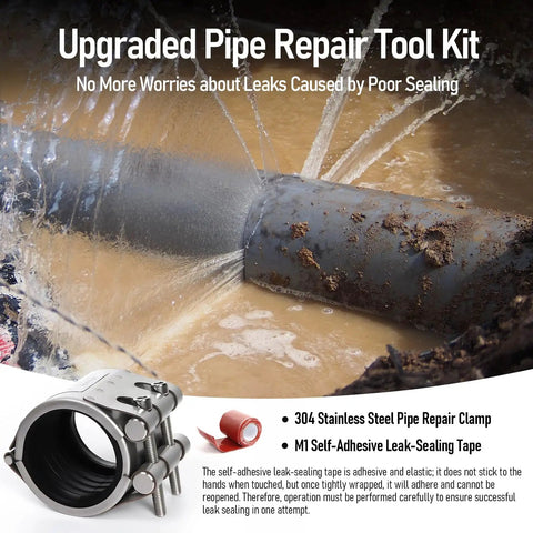 Close-up of upgraded pipe repair clamp with M1 self-adhesive leak-sealing tape on metal pipe, showing rust-proof emergency fix.