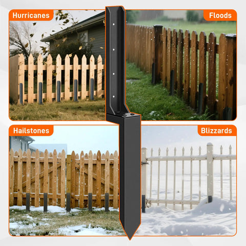 2 Pack Heavy Duty Fence Post Repair Stakes 31.6 Inches High Anchors For Fixing Broken And Leaning 4x4 And 6x6 Wood Posts Durable Steel Post Support Kit For Outdoor Fences showing installation in various weather conditions such as hurricanes, floods, hailstones, and blizzards.