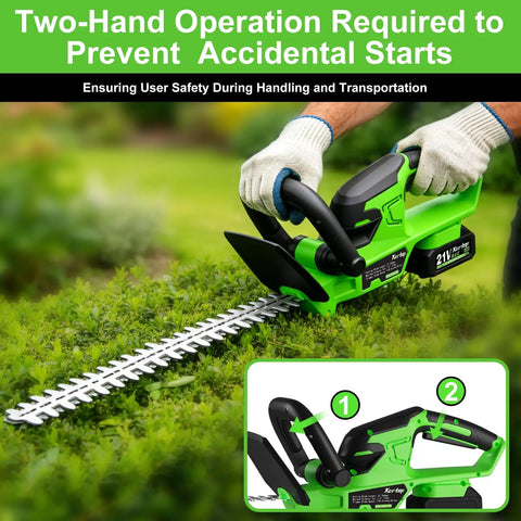 Cordless Hedge Trimmer With Battery And Charger Included, 22 Inch Dual Action Blades, 3000 RPM Motor, in use cutting hedges