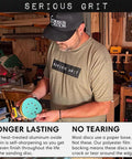 Person in workshop holding Five Inch 8 Hole Sanding Discs Assortment Including 80 120 150 180 220 Grit Heavy Duty Hook and Loop Sandpaper.