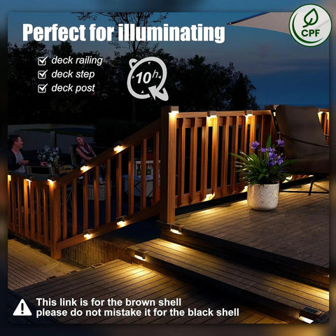 Top Shelf Solar Deck Lights 16 Pack, Slick Brown Shell Step Lights With Bright Warm White Glow illuminating a wooden deck railing.