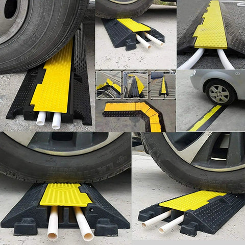 Three Pack Dual Channel Rubber Cable Protector Ramp for Driveways and Floors, Two Channel Cable Cover With Flip Open Top