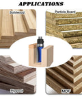 Top Bearing Flush Trim Router Bit Set Pro Grade Four Piece With Quarter Inch Shank Delivers Ultra Smooth Splinter Free Edges on wood types shown