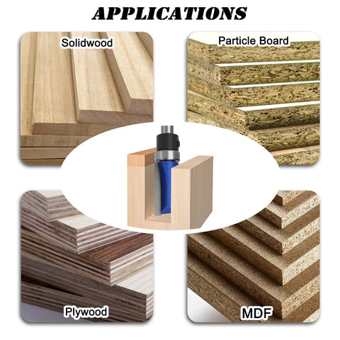 Top Bearing Flush Trim Router Bit Set Pro Grade Four Piece With Quarter Inch Shank Delivers Ultra Smooth Splinter Free Edges on wood types shown