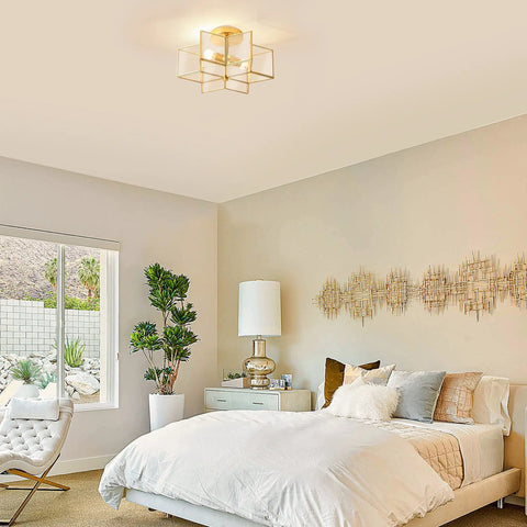 Two Light Star Ceiling Light With Glass Shade In Modern Brass Finish Close To Ceiling Flush Mount Fixture in bedroom