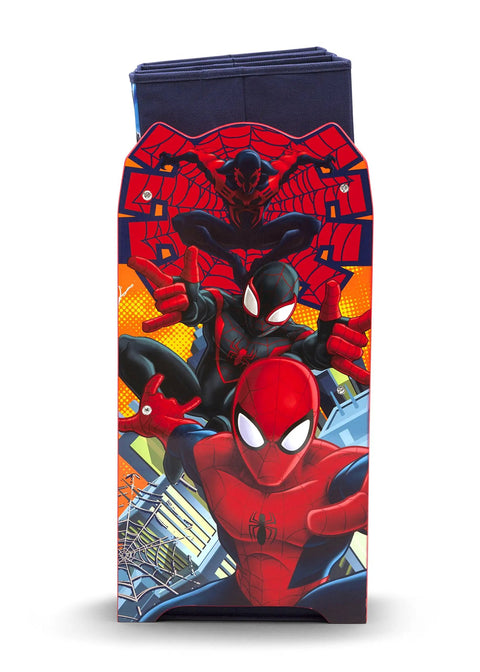 Kid Friendly Multi Bin Toy Organizer With Spider Man Graphics For Kids Ages 3 And Up Durable Wood And Fabric Storage Unit